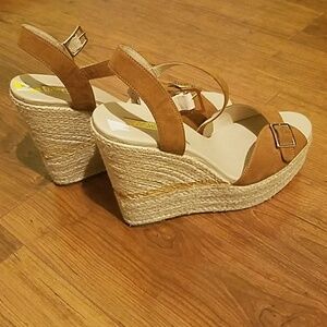 Topshop‎ Tan Faux Suede Espadrille Wedge Platform Sandals Buckle Ankle Strap